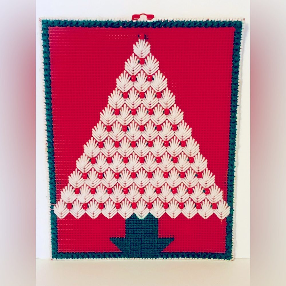 Vintage Beaded Needlepoint Christmas Tree Wall Hanging